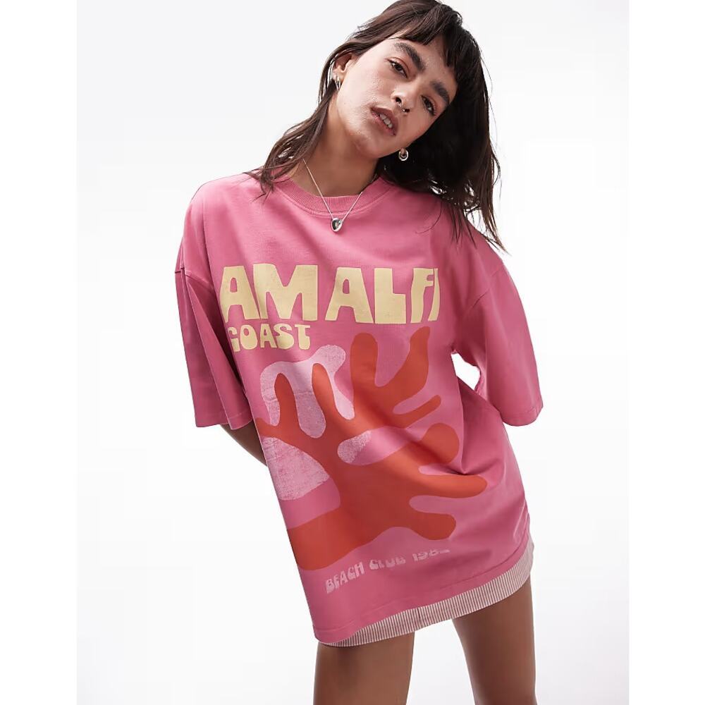 Topshop T-Shirt Graphic Amalfi Art Oversized Crew Neck Pink Size 0-2